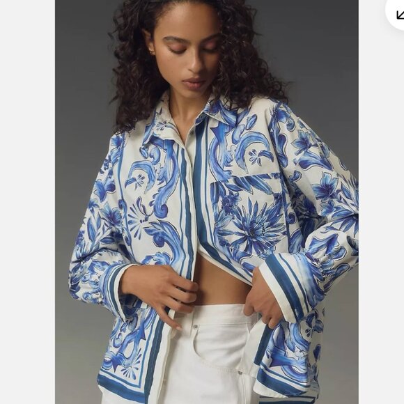 FARM Rio Blue and White Floral Button-Up Shirt - Picture 7 of 10